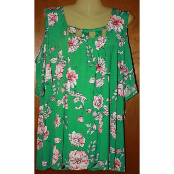 Green Floral Cold Shoulder Blouse Square Hole Neck Plus Sz 2X Naif Brand NWT - Picture 1 of 6
